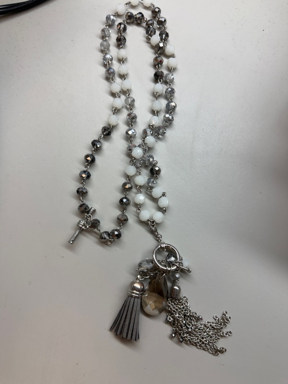 Elegant White and Silver Beaded Tassel Necklace